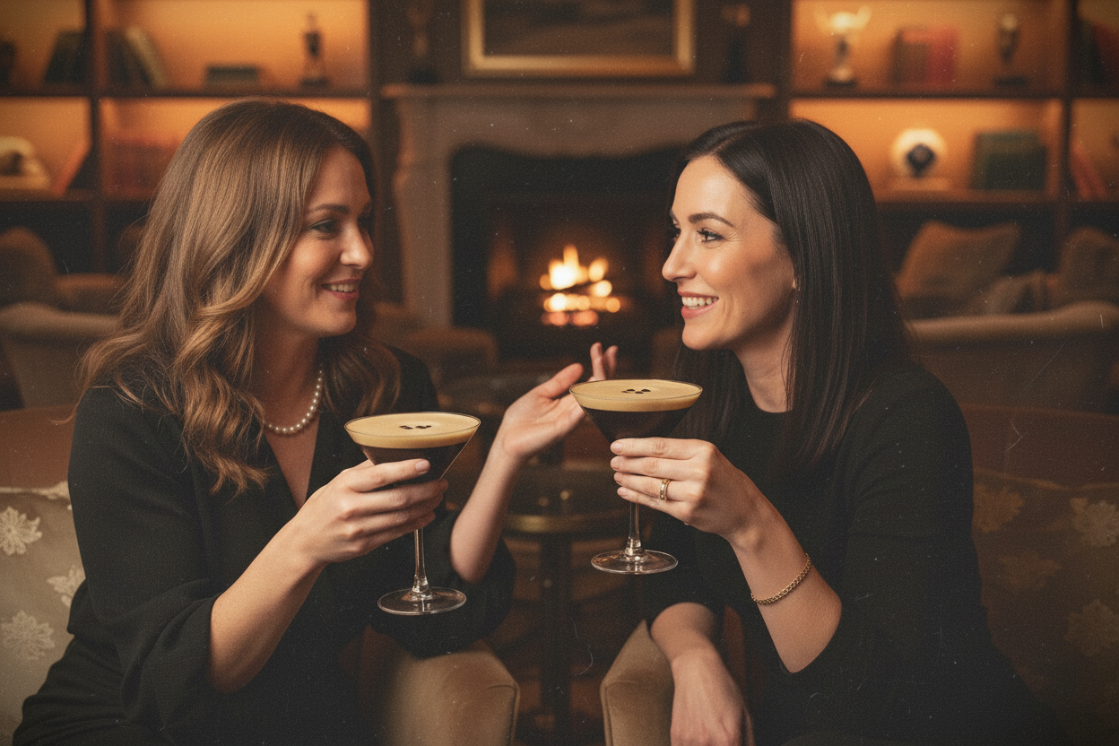 A close up of 2 woman drinking Espresso Martinis talking in a lounge.