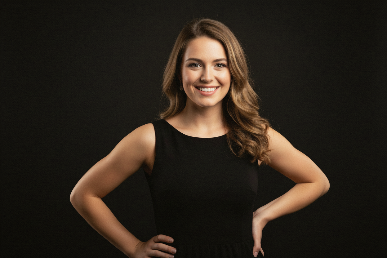 A young lady smiling in a black background as if she was modeling